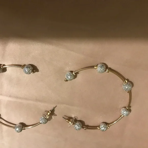 Gold large hoop earrings w rhinestones - Picture 3 of 3